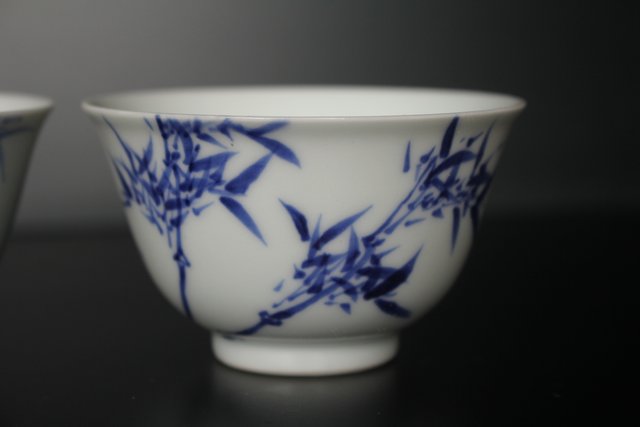 煎茶茶碗6客 初代三浦竹軒 紅漢詩の画 三浦竹軒 作 『