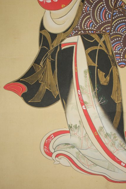 旧蔵 時代物 名家 瀋周 人物絵 肉筆画・絹布絵 掛け軸 旧蔵 時代物