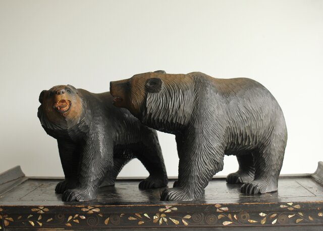 茂木多喜治/北雪 夫婦熊 八雲木彫 X371｜骨董店 のびる 古美術 骨董