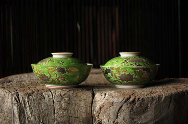 美術商 貴多川 青釉地金襴手蓋向 10客 P441｜骨董店 のびる 古美術