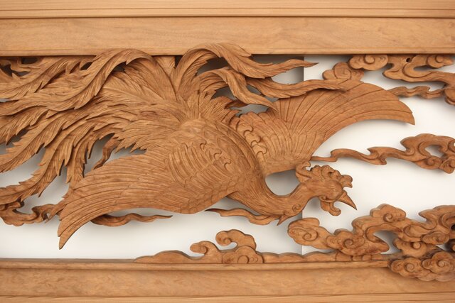 欄間】鳳凰 3尺×5寸×0.4寸 (杉) 506 彫刻欄間】鳳凰 3