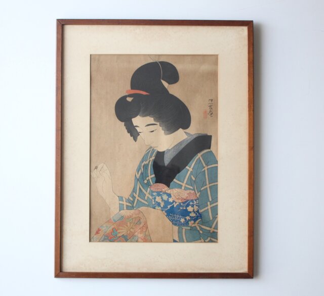 伊東深水 真筆作品、素描画集1巻78P No320 【修善寺】、額付き 伊東