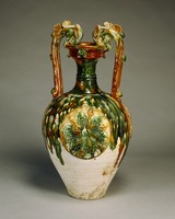 中国元時代釉裏紅 草花貼付け三龍耳壺 中国元時代釉裏紅 草花貼付け三