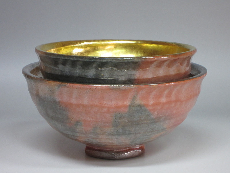 京焼嶋台茶碗茶碗2口和楽造金箔銀箔赤楽焼き物