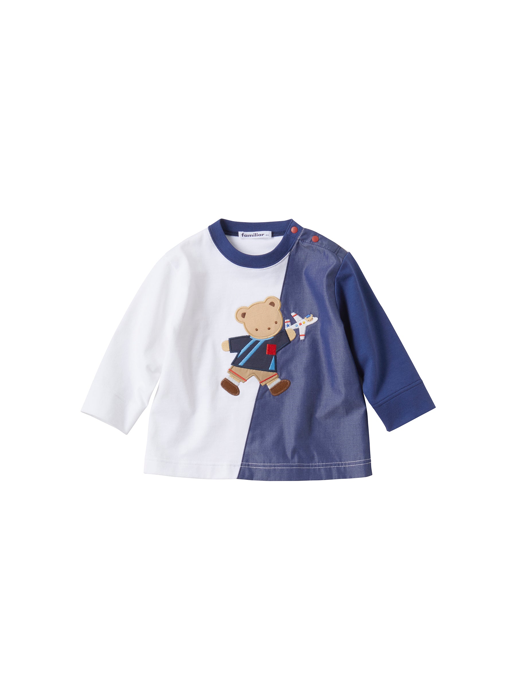 ファミリア青い長袖Tシャツ 動物刺繍 90cm