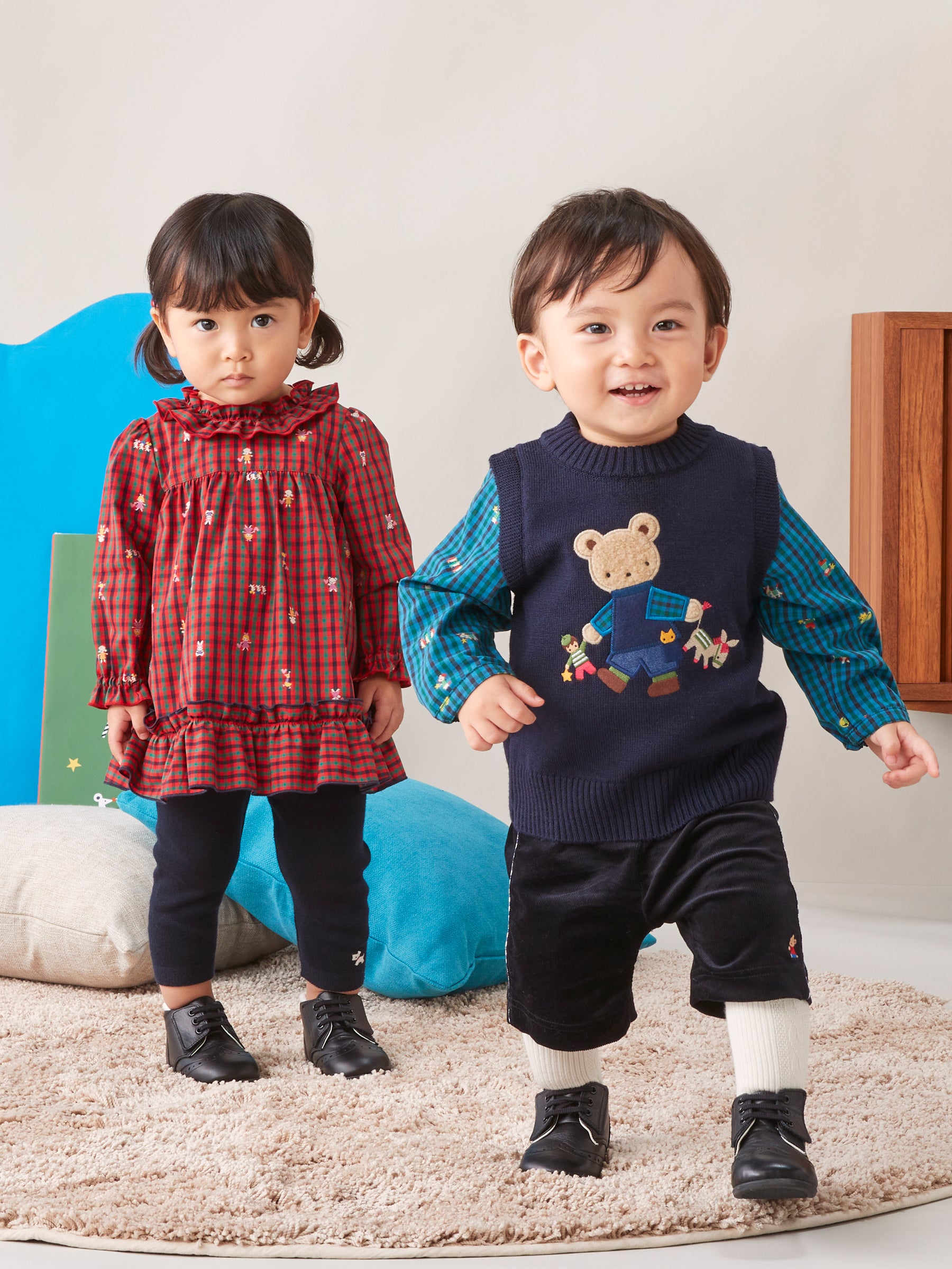 familiar 90cm 長袖カットソー・ファミリアチェックズボンセット T