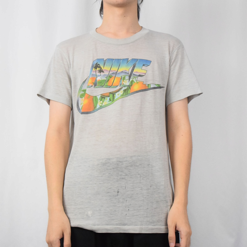 90s NIKE Swoosh Logo Print S/S Tee オレンジ M 銀タグ ナイキ 半袖 T