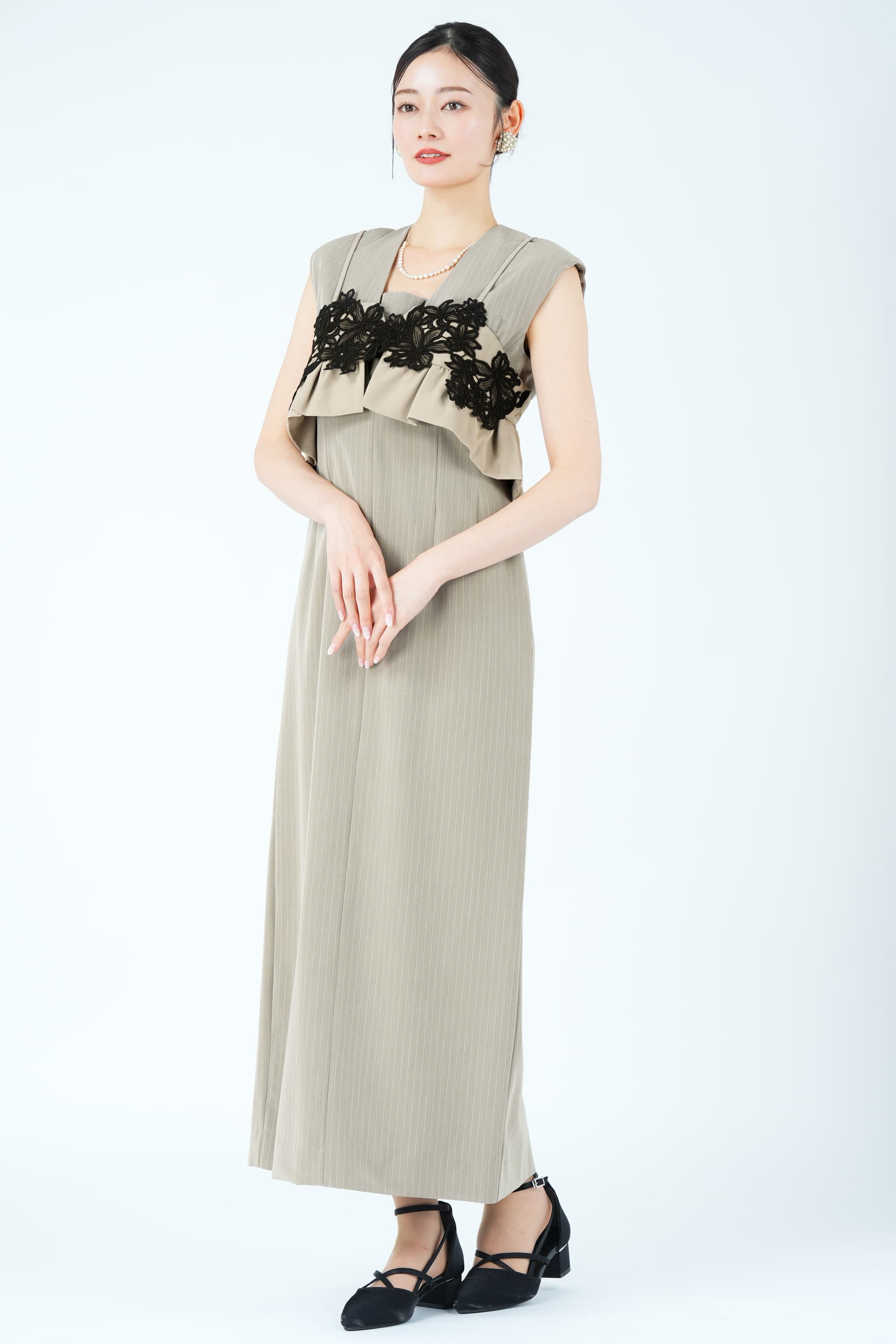 ANDRESD 刺繍ビスチェ×ピンストライプベージュドレス (L) をレンタル