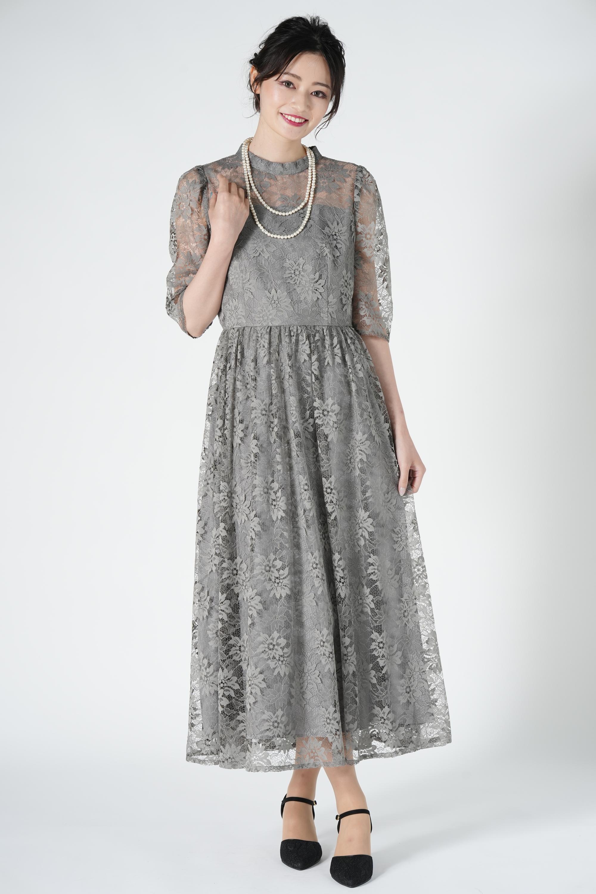 グレー フラワー刺繍 ロングドレス
