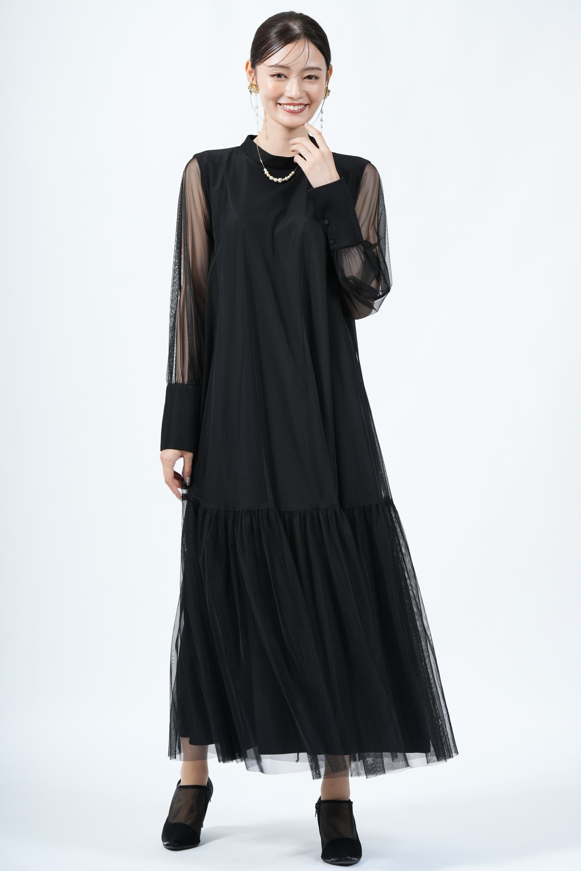 CAPRICIEUX LE'MAGE ハイネックチュールブラックドレス (M〜L) を