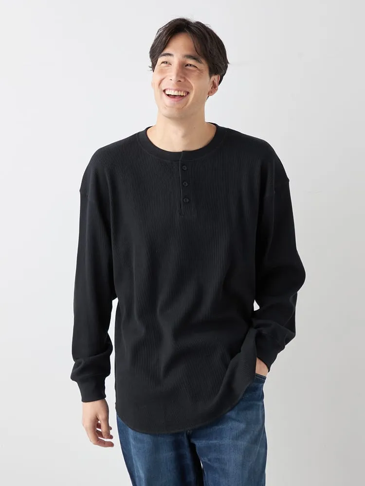 L．グレー 【EL.FO】無地ワッフル編みヘンリーネック長袖Tシャツ