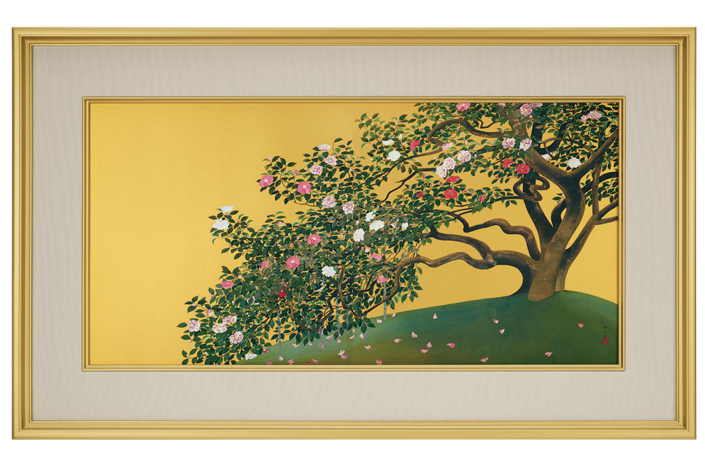 四つ折り屏風 日本画 金箔彩色 花見遊山 四つ折り屏風 日本画 金箔彩色