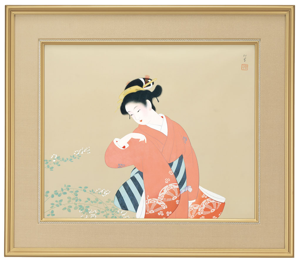 上村松園「待月」木版画 上村松篁監修 美術書院証明シール有 近代美人