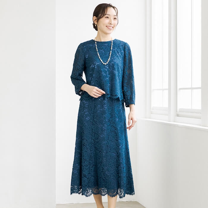 レース袖のワンピース 13号・ネイビー｜東京ソワールオンラインストア