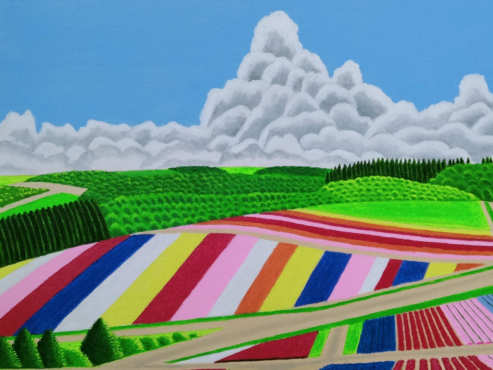 ☆ラベンダー畑と赤い屋根の家・肉筆油彩画・F6キャンバス