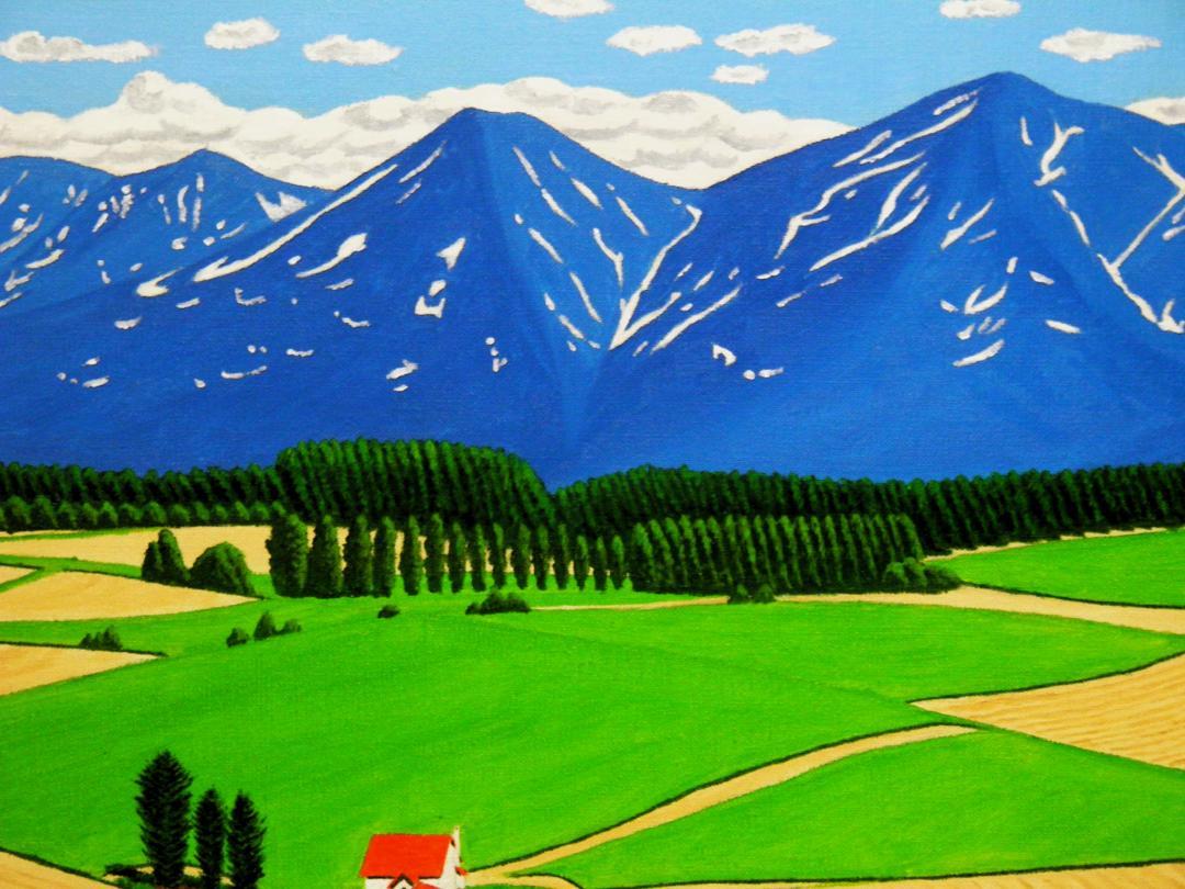 ☆美瑛・夏空と赤い屋根の家・肉筆油彩画・F6キャンバス ☆美瑛・