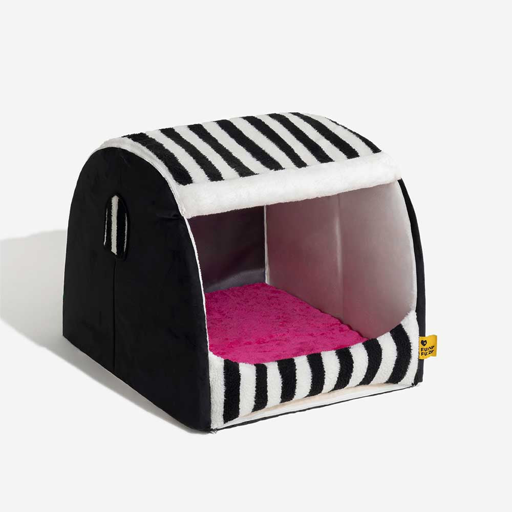 Trendy Striped House Orthopedic Dog Bed - Cozy Hideaway - FUNNYFUZZY