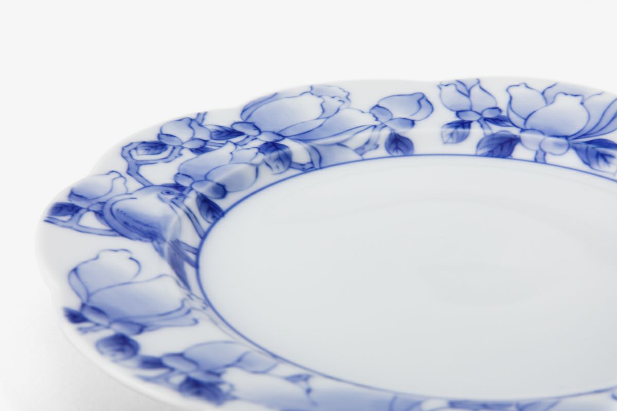 未使用品】深川製 染付 木蓮 ケーキ皿 直径 約20cm 宮内庁御用達 染付