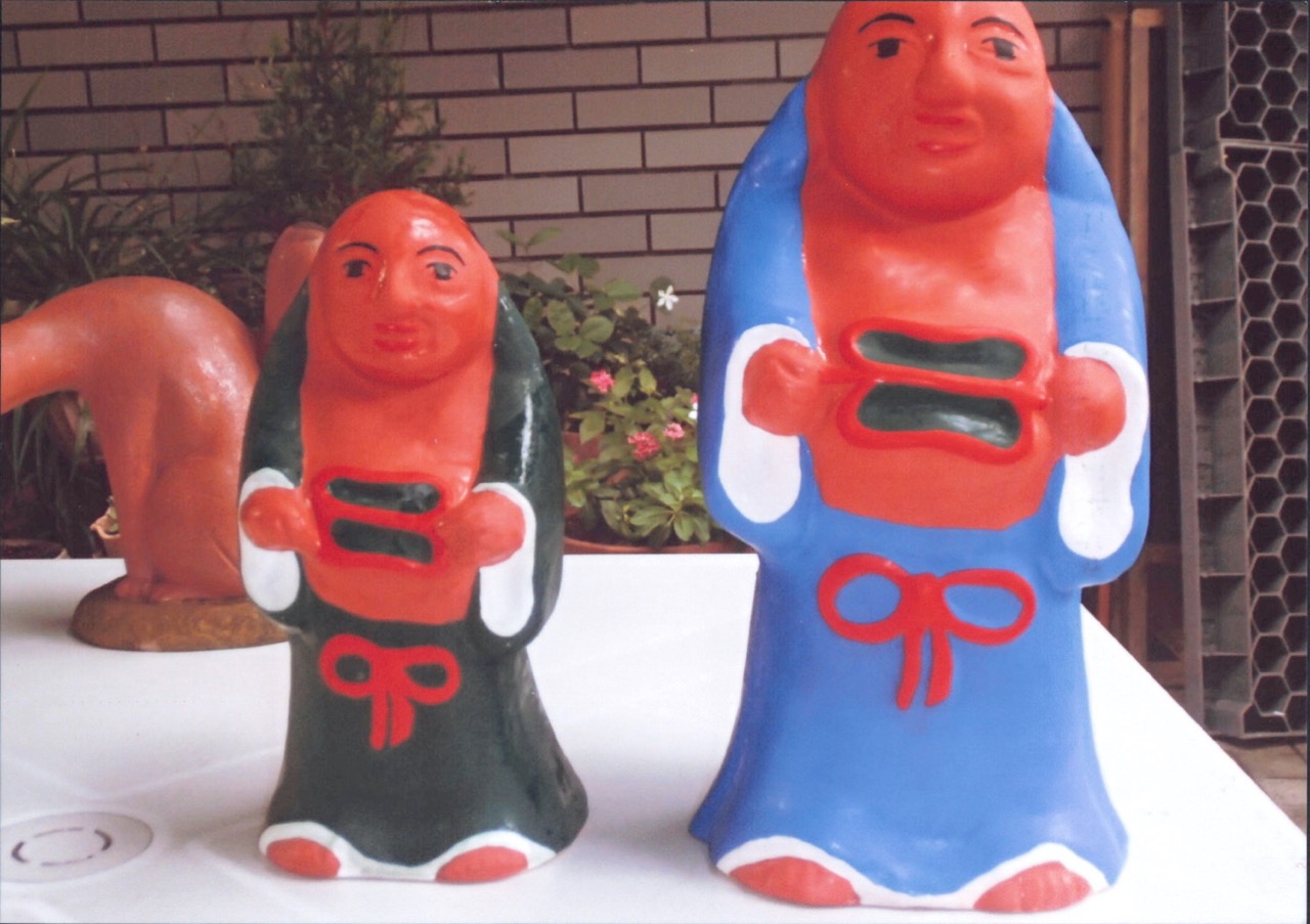 希少 江戸期 伏見人形 鵤幸右衛門 彩色布袋座像 銘【伏見 人形や 幸右