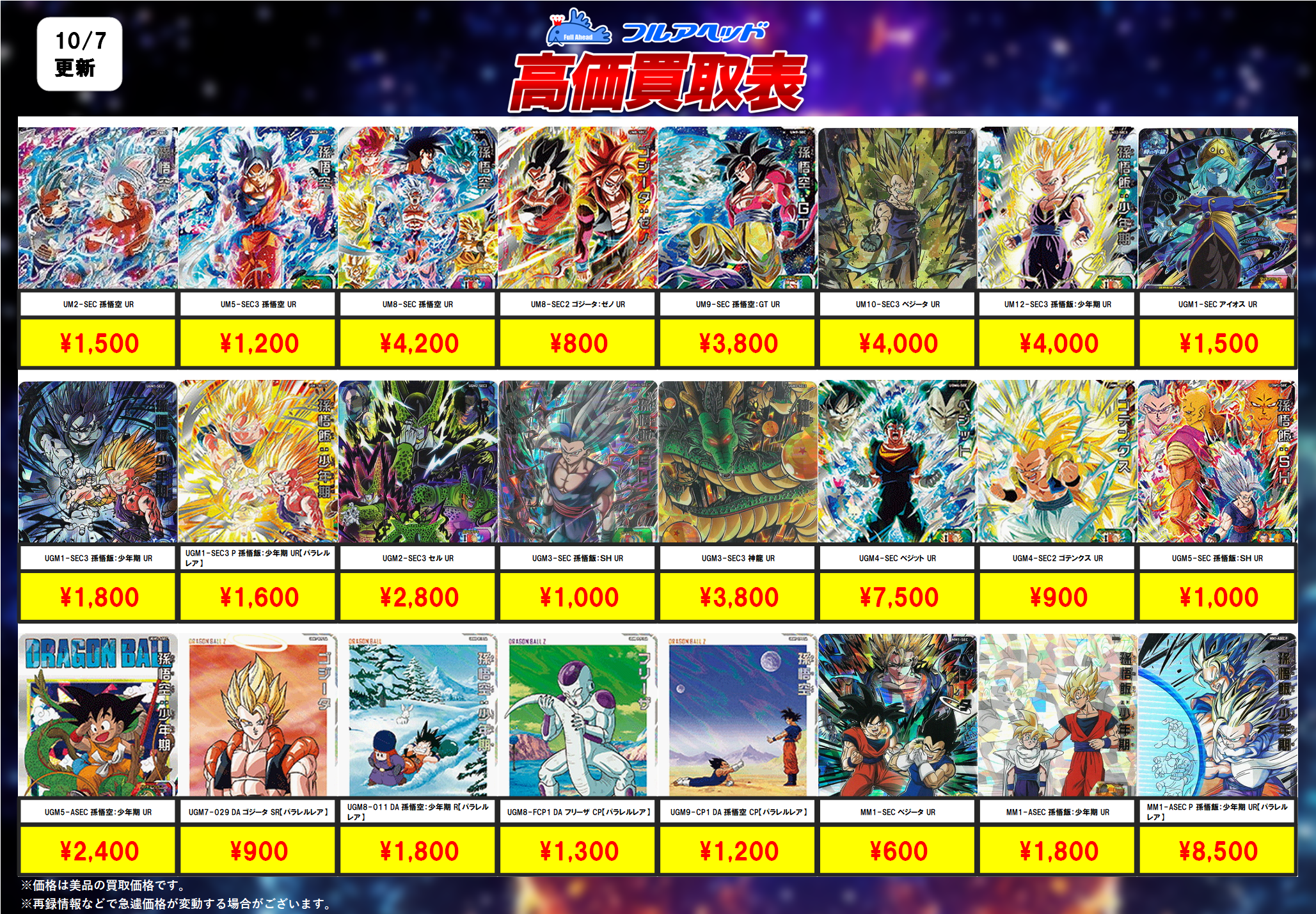 ドラゴンボールヒーローズ】買取表、販売価格の調整を行いました！