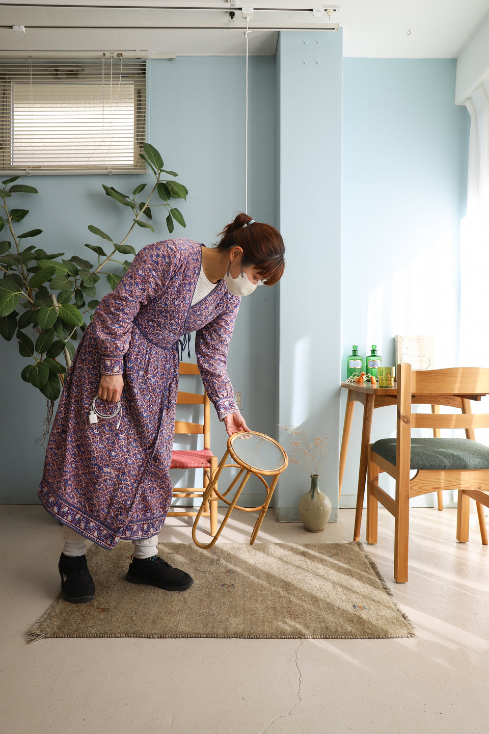 デンマークヴィンテージ ガラストップ ラタンテーブル スタンド 花台