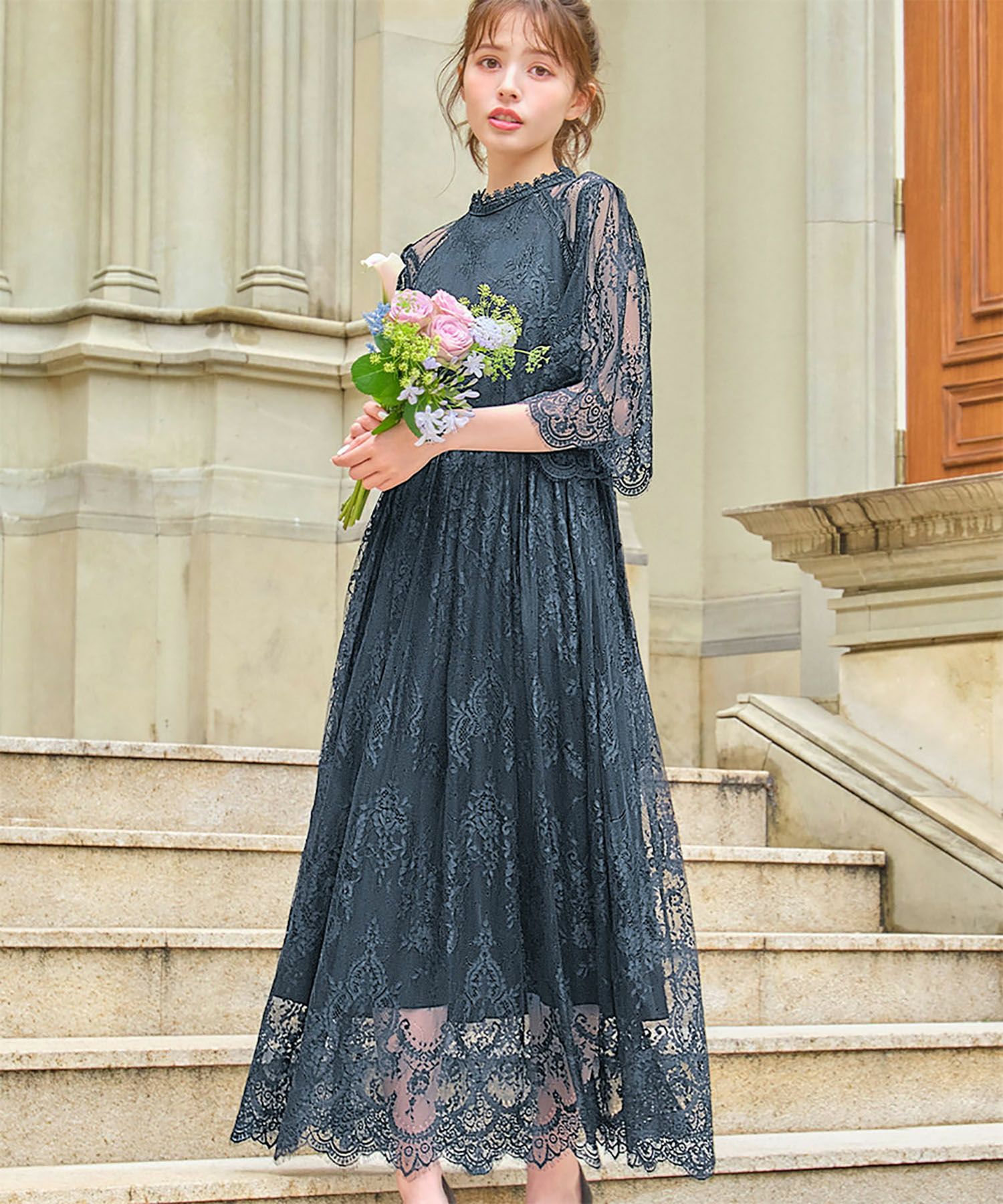 LEJA-配色パイピング花柄ラメレースワンピースドレス 結婚式 S グレー