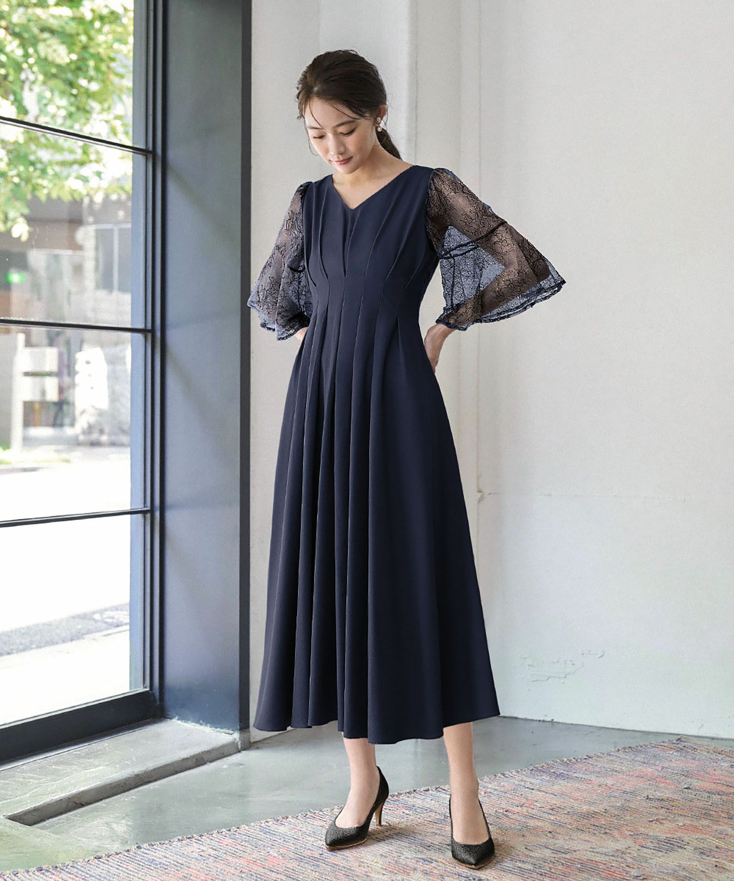 結婚式・お呼ばれ対応 |レース素材フレアスリーブXラインワンピース