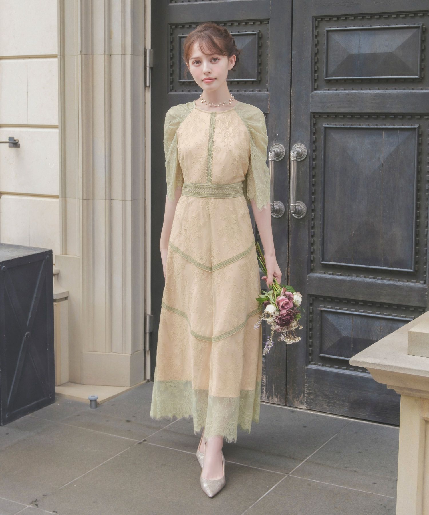 結婚式・お呼ばれ対応 | フラワー総レースフレアロングワンピース