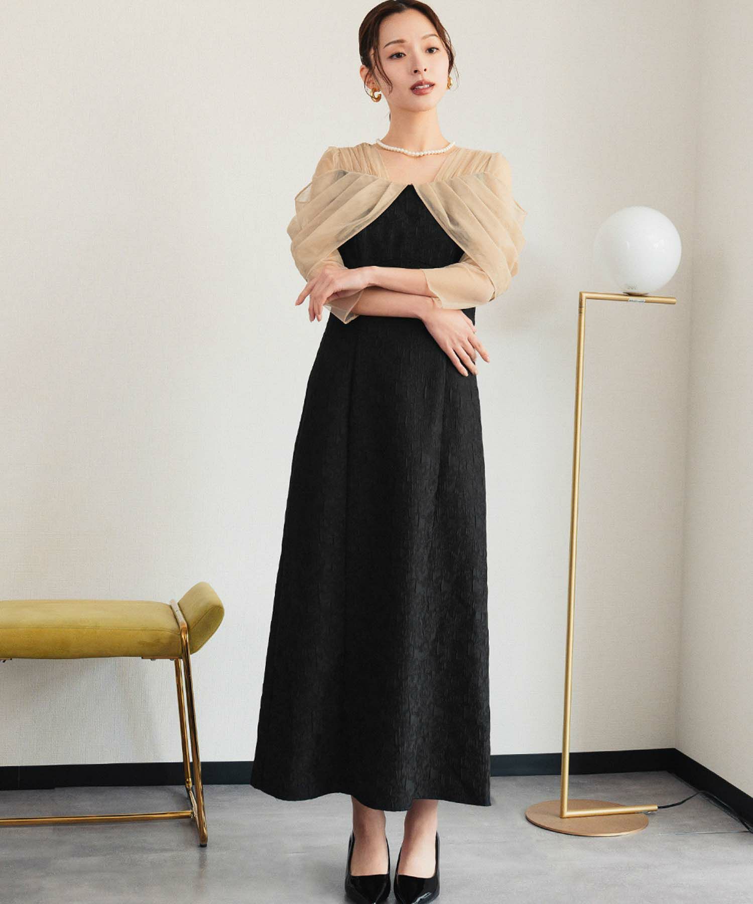 結婚式・お呼ばれ対応 | シアーオフショル風ロングワンピースドレス