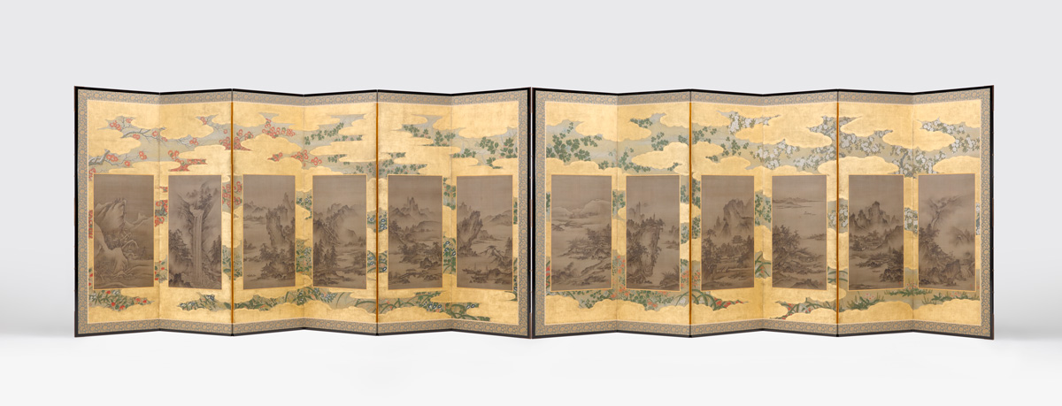狩野元信「四季花木草花下絵山水図押絵貼屏風」の高精細複製品を九州