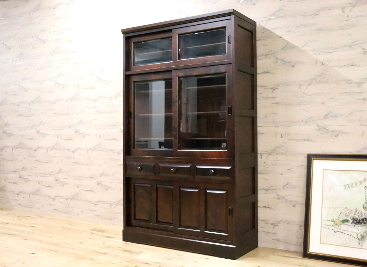 海道民芸家具 樺 カバ材 無垢 引き戸 飾り棚 茶棚 サイドボード