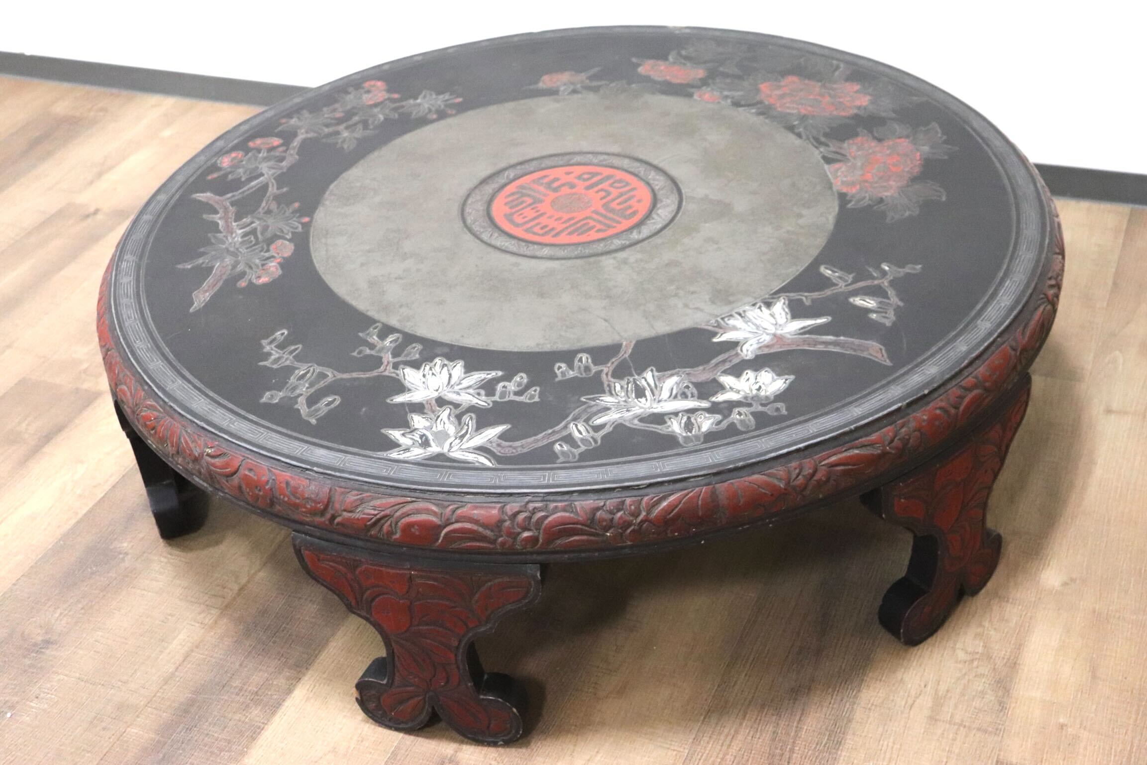 丸テーブル 中華座卓 中国 円卓 彫刻 アンティーク 昭和レトロ 丸