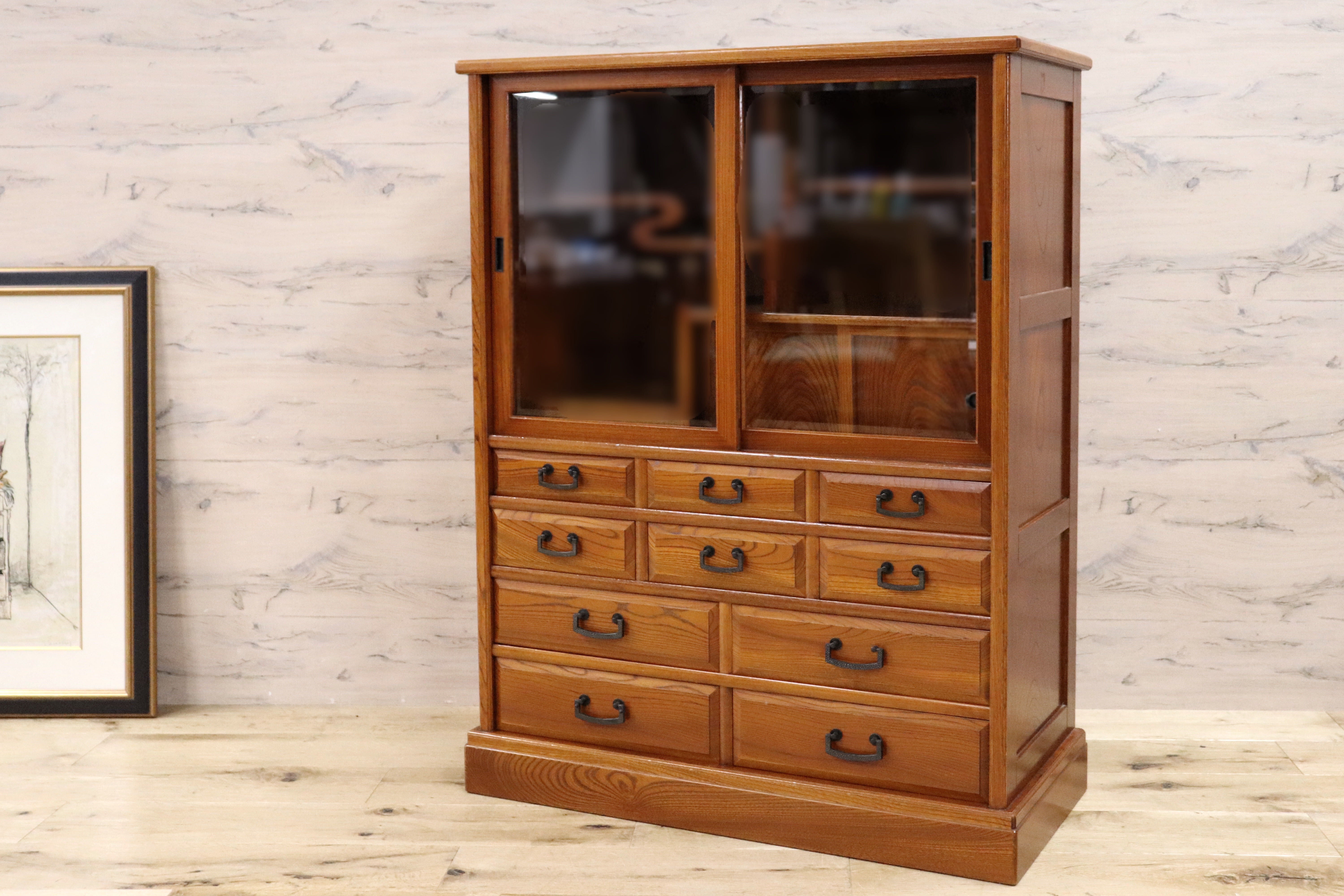 japan vintage 水屋箪笥 茶箪笥 飾り棚 杢目 木製 無垢材 和家具 japan