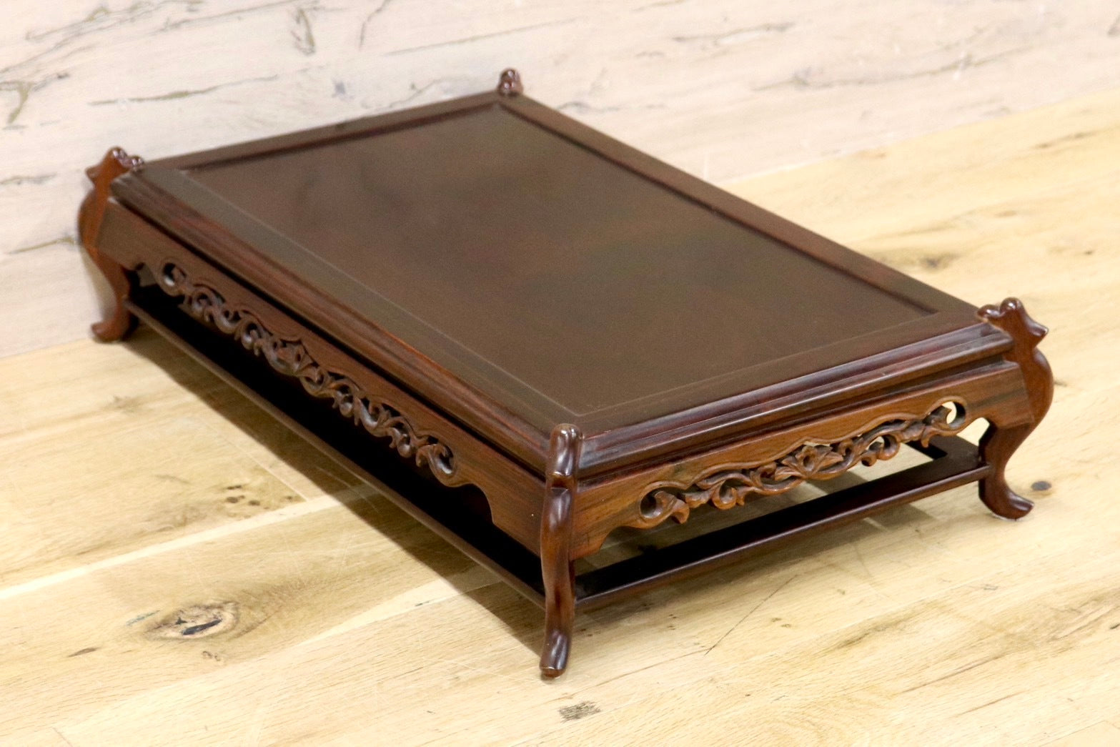 唐木 花台 紫檀系 天然木 透かし彫り 飾台 盆栽 華道 2点セット 送料