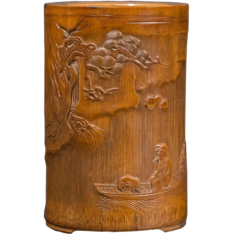 瓏】老竹彫 仙人飲鶴筆筒 楊秉桂銘 清時代 手彫り 文房具 書道具