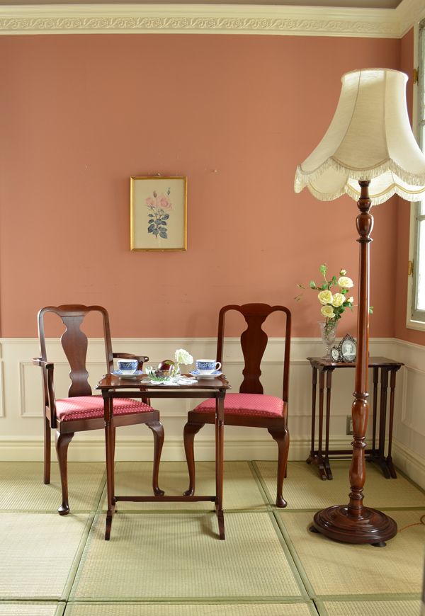 イギリスのアンティークスタンド照明、布シェードのフロアランプ(k