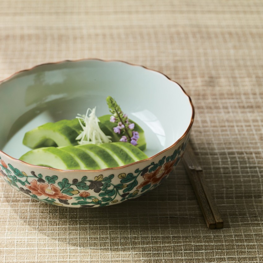 茶道具 陶斉作 色絵 花草文 手桶鉢 N 9817 茶道具 陶斉作 色絵 花草文