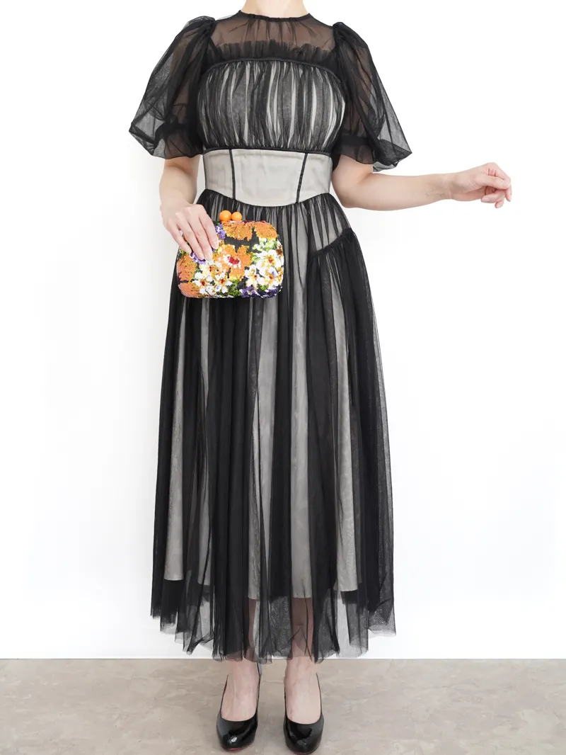 LILY BROWN（リリーブラウン）ボリュームチュールドレス（ブラック/1