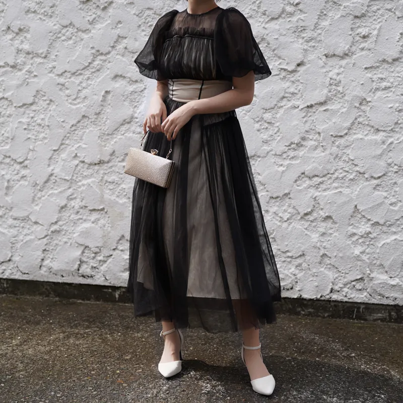 LILY BROWN（リリーブラウン）ボリュームチュールドレス（ブラック/1