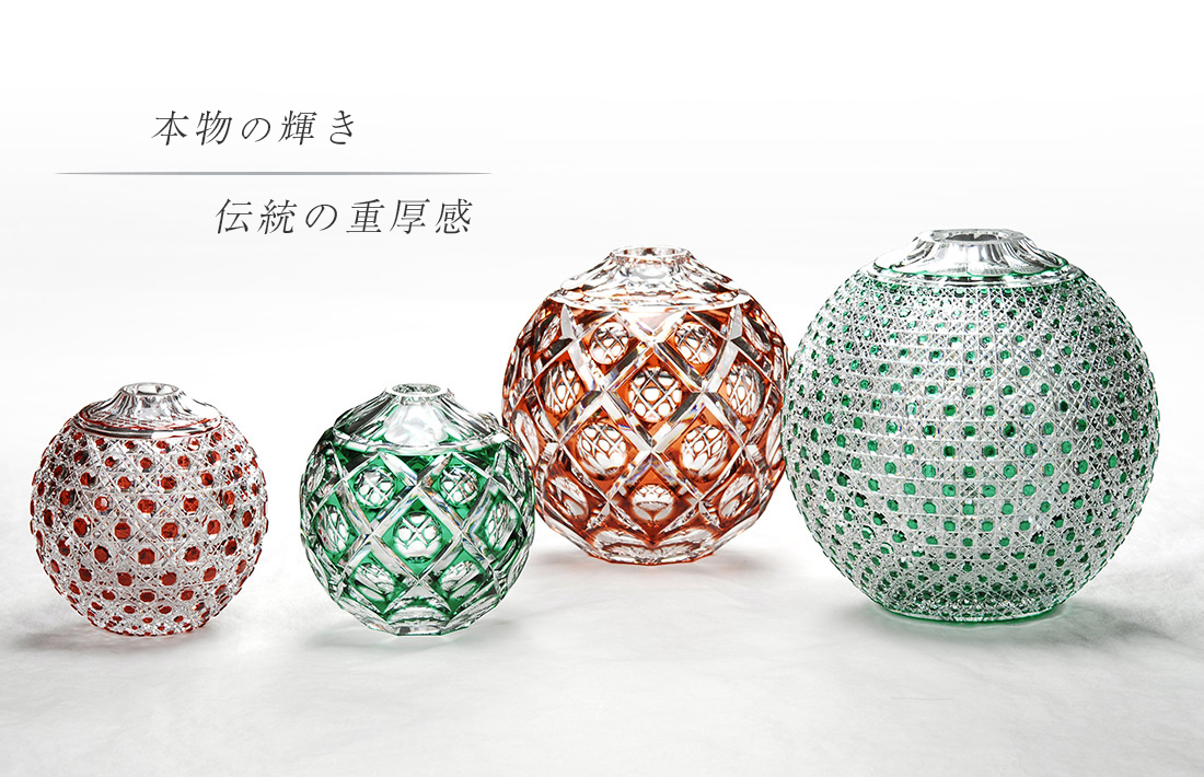 江戸切子 堀口硝子✩秀石 金赤色被せ 八角籠目 蓋物 【 美品 】 江戸