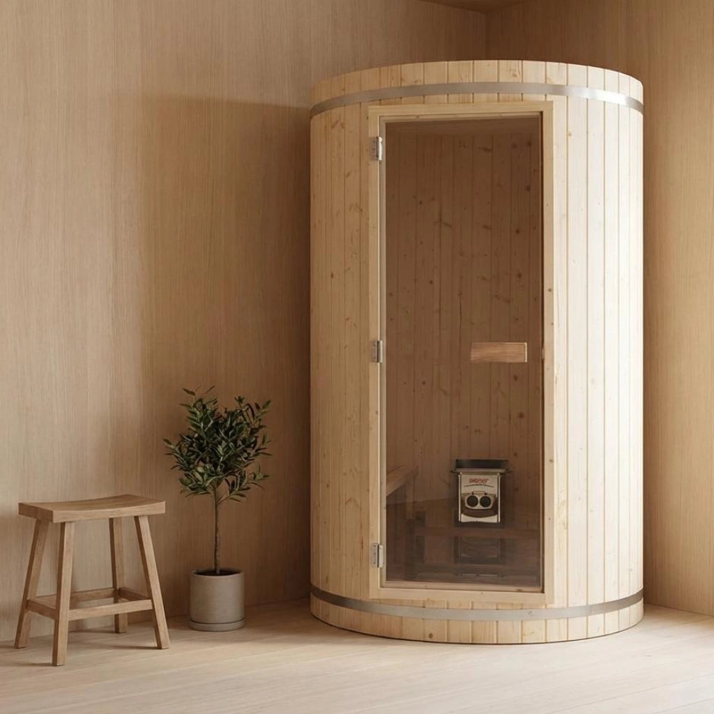 屋内サウナ | コンパクト | 1-2人用 | フィンランド式 | 円柱型 | 自宅