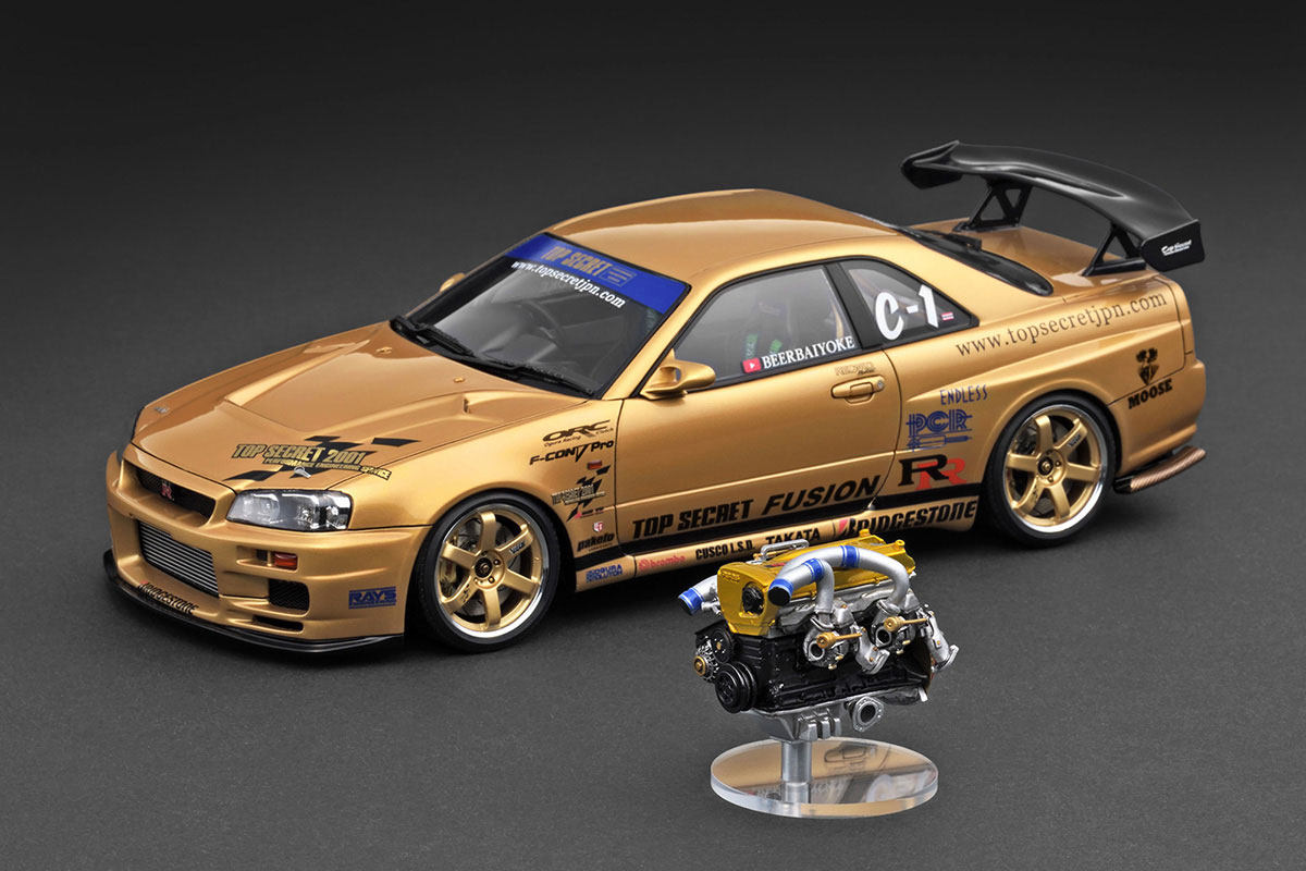 IG3799 1/18 TOP SECRET 34GT-R (BNR34) Gold With Engine | LINE UP