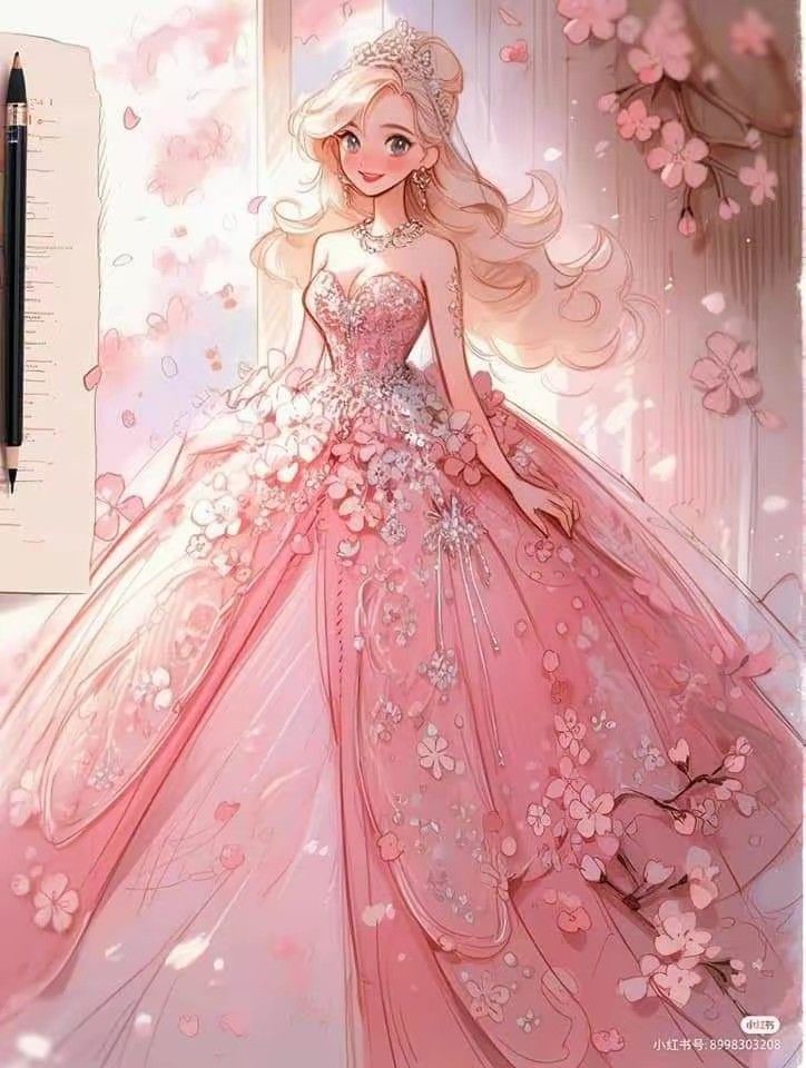 ピンクのフリルドレスキャラクターイラスト ピンクのフリルドレス