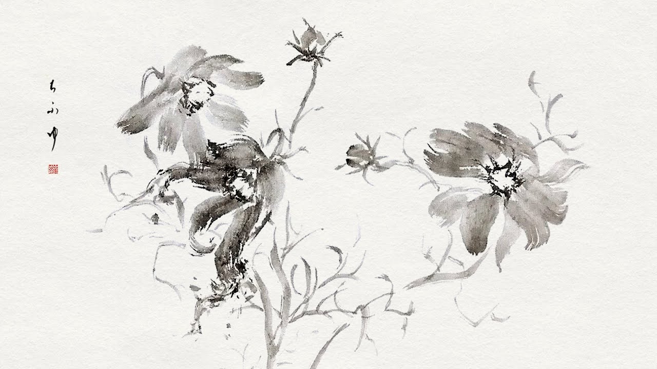 水墨画 花の絵x4 （春夏秋冬）テンキョク作 水墨画 花の絵x4 （春