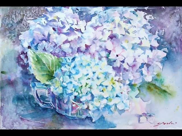 透明水彩画 原画 「薄紫のアジサイ」額縁付 4Fサイズ 風景画 透明