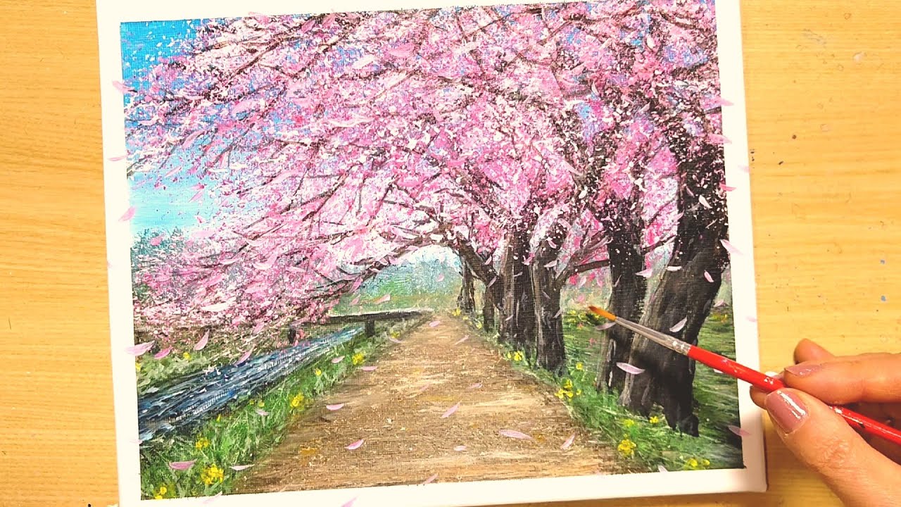 風景画 アクリル絵具 キャンバス river bridge sheep