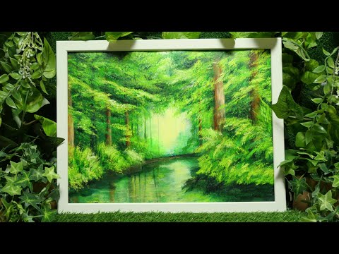 油絵 油彩 油彩画 絵 絵画 絵【水面に映るラクウショウの森﻿】 油絵