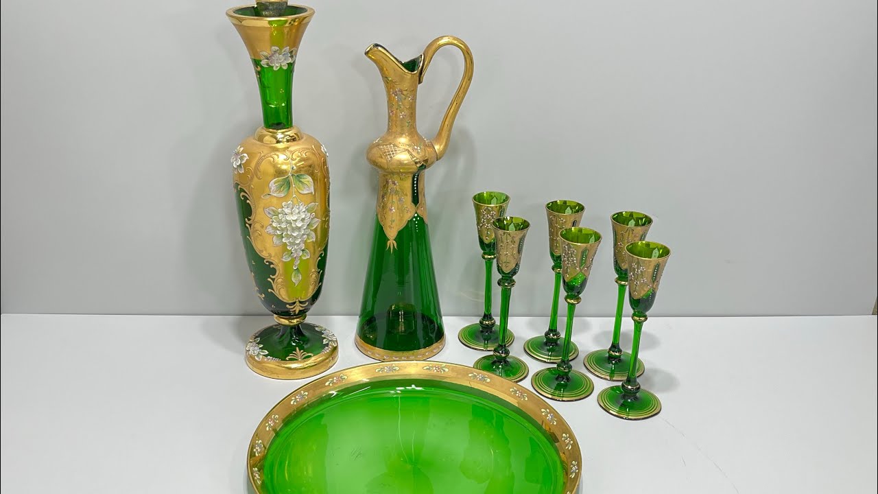 □ 9点セット ボヘミアガラス ボヘミアングラス デキャンタ 金彩