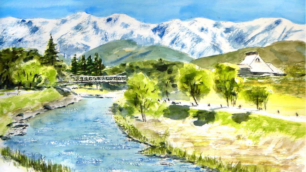 油彩画 :雪解けの春 山と川の風景＊絵画 原画 油絵 風景画 冬 油彩画