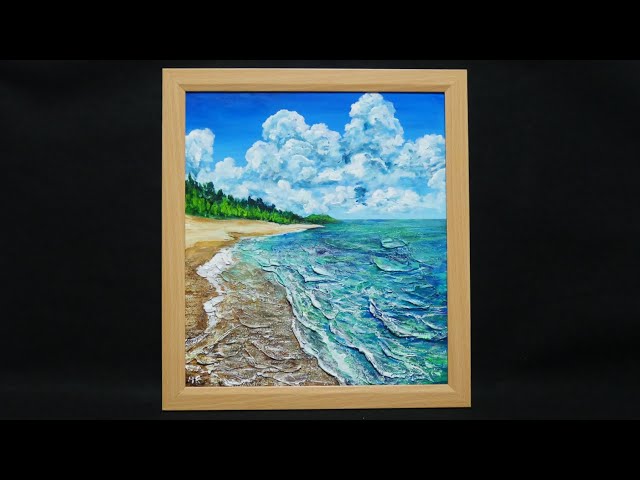 キャンバス油絵 専用 海と砂浜と空が見える窓際のテーブル モダン